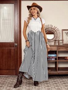Women's Western Casual White Denim Effect Patchwork Black & White Striped Adjustable Strap Dress, LanaWest - White - View 7