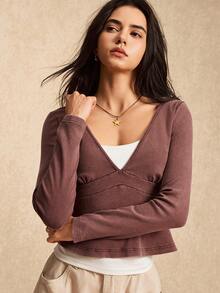 Easelle 女士棕色荷叶边下摆休闲长袖T恤 - 棕色 - 查看 5