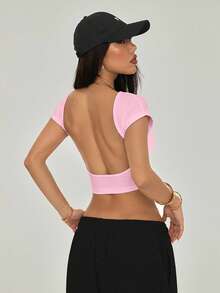 SHEIN PETITE Women's Sexy Baby Pink Plain Crop Tee With Backless Design And Cap Sleeves Round Neck - Baby Pink - View 8