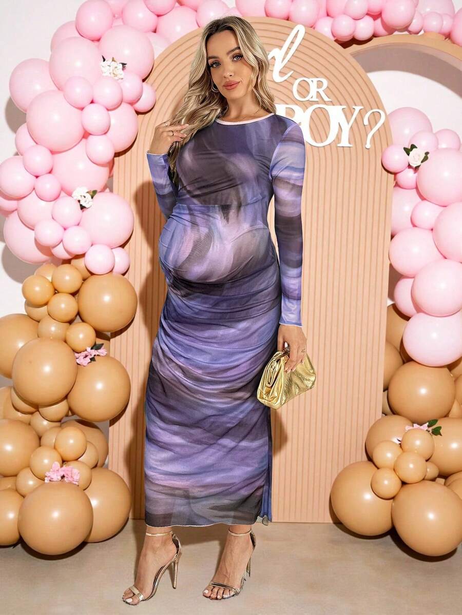 Loomaby 优雅扎染印花网纱修身孕妇连衣裙，长袖款 - 紫色 - 查看 1