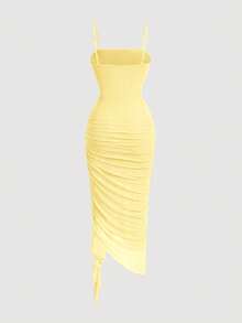 SHEIN MOD Vestido de mujer de unicolor con volantes fruncidos en el bajo, vestido con bajo asimétrico, vestido de tirantes finos - Amarillo claro - Ver 2