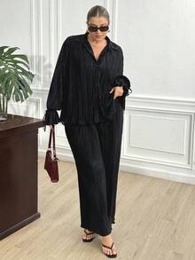 Truni Trang phục mùa thu cho nữ, bộ 2 món cỡ lớn màu trơn tay dài chất liệu vải có họa tiết, áo và quần dáng rộng thoải mái. - màu đen - Xem 9