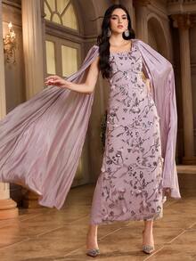 Al Najma 女士花卉亮片蝙蝠袖优雅阿拉伯连衣裙 - 粉色 - 查看 3