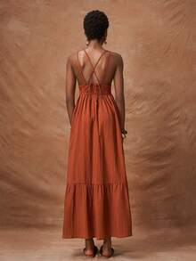 Zivah Vestido feminino de cor sólida com textura, costas abertas, babados na barra e cintura marcada. Ideal para férias, festas, casamentos, estilo boho, deslocamentos diários e brunch. - Ferrugem Marrom - Ver 4