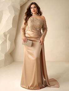 Coutiva Plus Size Elegant Gold Spring Prom Dress,Long Sleeves Asymmetrical Collar Embroidered Pearl Rhinestones Satin Mermaid Skirt Side Drape Event Gown - Champagne - View 5