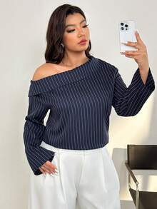 Auralis Navy Blue & White Striped Asymmetric Ruffle Detail Blouse, Plus Size Shirt For Commute, Office, Performance, Date, Sexy, Elegant Romantic, Office Lady, Mermaid Style, Birthday Party Arabian - Blue and White - View 4