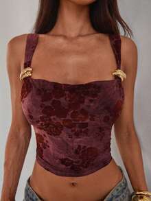 Aloruh Women's Burgundy Summer Elegant Draped Neck Metal Buckle Decor Jacquard Knit Cropped Tank Top,Seductive Party Night Tops - Burgundy - View 7
