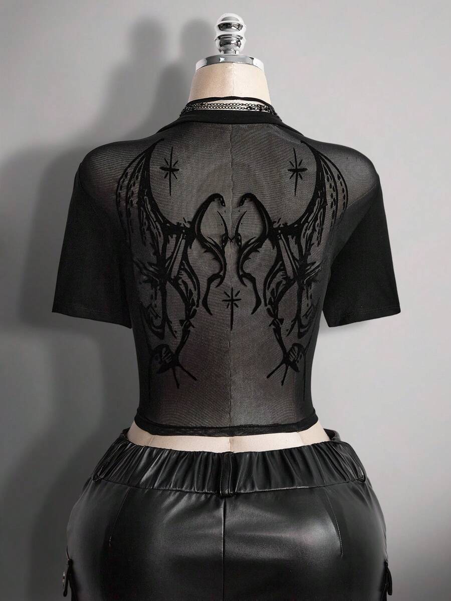 SHEIN ICON 大码女式时尚透视露背短袖T恤 - 黑色 - 查看 1