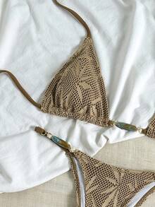 Swim Chiccia 春夏针织提花三角无钢圈挂脖装饰上衣和泳裤女士优雅比基尼套装，适合海滩度假 - 棕色 - 查看 6