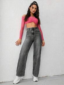 SHEIN EZwear 女士宽松直筒加厚口袋休闲牛仔裤，适合感恩节和圣诞节穿着。 - 灰色 - 查看 4