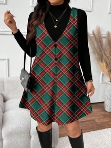 SHEIN Frenchy Plus Size Casual Solid Color Long Sleeve Top & Plaid Sleeveless Dress 2-Piece Set, Autumn/Winter Checkered Dress Women Clothes Plaid Dress Women - Multicolor - View 7