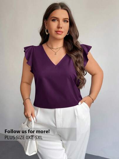 Firerie Red Violet Plus Size V Neck Woven Fabric Blouse With Flounce Cap Sleeves Ruffle Details And Regular Hem Business Casual Top Purple Tops For Women Purple Top Purple Blouses Flutter Sleeve Top