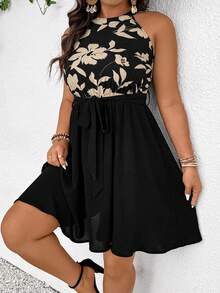 SHEIN Frenchy Plus Size Casual Vacation Floral Print Patchwork Black Waist Tie A-Line Halter Dress - Black - View 3