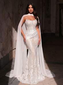 Glamrae 优雅奢华弹力蕾丝褶皱性感无肩带美人鱼婚纱，带可拆卸拖尾，适合婚礼、单身派对、度假、舞会、蜜月等场合。