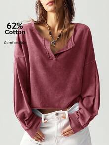 Bohemela 休闲纯色V领长袖宽松女式运动衫 - 酒紅色 - 查看 9