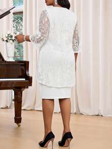 SHEIN Lady Spring And Summer Autumn And Winter Elegant Commuting Office White Lace Knitted Scoop Neck Midi Three Quarter Length Sleeve Plus Size Co-Ords Summer Clothes Summer Outfits For Women Summer Outfits Women's Summer Set Spring Outfit Women Spring Break Outfits Valentine's Day  Birthday Dress  Elegant Dresses For Women