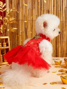 PETSIN 1件猫/狗服装，秋冬加厚红色节日新年服装，宠物公主风连衣裙