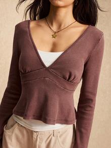 Easelle 女士棕色荷叶边下摆休闲长袖T恤 - 棕色 - 查看 1