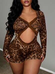 Slaydiva 2026 Spring, Summer, Autumn New V-Neck Long Sleeve Waist Cutout Splice Ruffle Collar Brown Leopard Print Bodysuit, Suitable For Halloween, Birthday Party, Daily Wear, Casual, Cruise Travel, Trending, Sexy Club, Plus Size Women