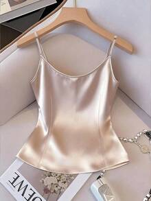 SHEIN Tall Women's Shiny Woven Fabric Sleeveless Gathered Waist Fitted Casual Camisole, Suitable For Spring, Autumn And Winter - Apricot - View 2