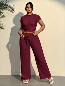 SHEIN EZwear Conjunto de top y pantalones de punto texturizado con cordón, informal y de talla grande - Burdeos - Ver 4