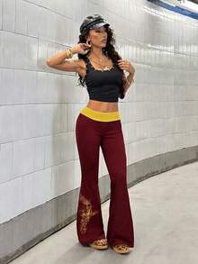 StreetHx Quần ống loe nữ thời trang phối màu tương phản, họa tiết hình chữ thập, kiểu dáng thường ngày. - Nhiều màu - Xem 5