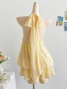 Soleia Váy ngắn thắt eo màu vàng nhạt thanh lịch, Bohemian, Boho, Kỳ nghỉ, Quần áo nữ mùa thu, Cổ điển, Ngày lễ - Vàng nhạt - Xem 2