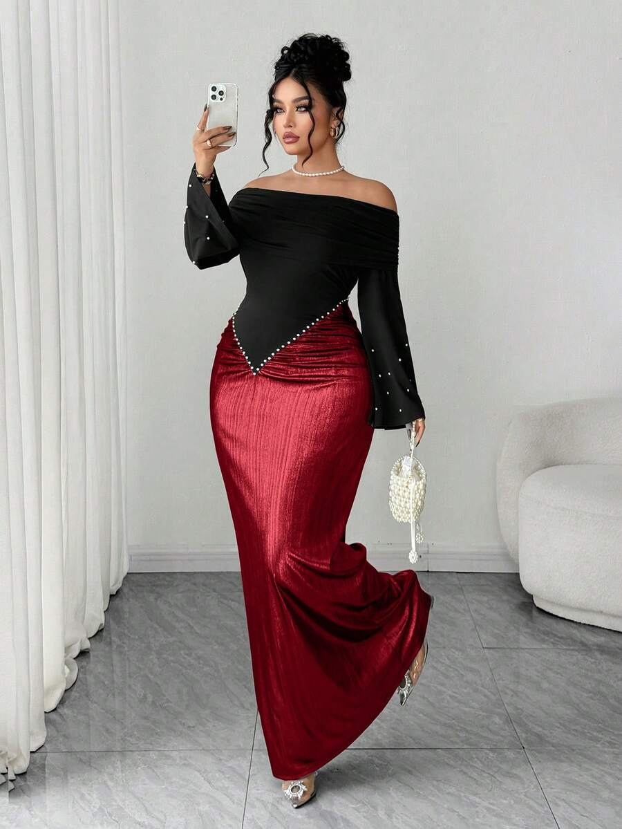 Elenzga 大码女士优雅露肩长袖连衣裙，珍珠腰部荷叶边设计，高腰修身剪裁，撞色点缀，适合生日派对、正式场合、约会、婚礼等场合。 - 酒紅色 - 查看 1