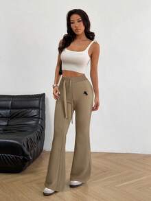 SHEIN EZwear Pantalones acampanados con bordado marrón café para mujer - Café integral - Ver 3