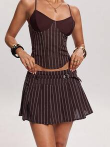 SHEIN BAE 女士无袖条纹弧形下摆修身吊带衫 - 棕色 - 查看 8