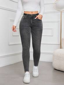 SHEIN PETITE Women's Pocket Skinny Casual Versatile Commuter Jeans - Grey - View 4