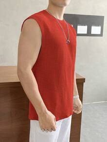 SWAVVY 男士纯色圆领休闲百搭通勤针织背心 男士上衣 无袖红色上衣 男士网眼上衣 男士S码无袖T恤 男士夏季上衣 - 紅色 - 查看 5