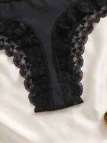 Romantic Series High Elastic Lace Trim Ladies Thong Panty - Black - View 3