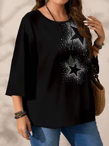 EMERY ROSE 大码女式休闲星形波点印花宽松圆领七分袖衬衫，黑色 - 彩色 - 查看 3