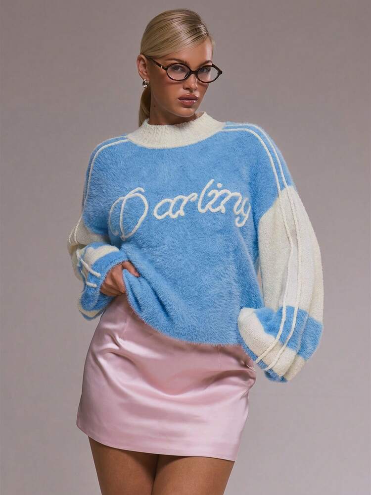 MUSERA 宽松针织撞色印花“Darling”套头衫，冬季可爱休闲舒适樱桃漆皮春季款 - 藍色 - 查看 2
