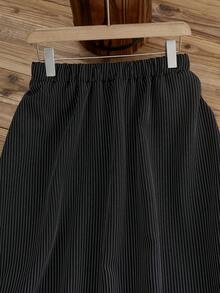 Lacomfia 大码休闲条纹印花弹力腰A字半身裙，春秋季 - 黑與白 - 查看 3