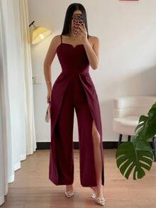 Breezaya 女士时尚休闲百搭吊带V领收腰开衩下摆连体裤 - 中紫紅色 - 查看 3