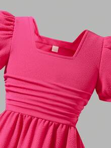 Mädchen elegantes strukturiertes Stoff Quadrat Kragen Puffärmel Perlen Strickkleid, Rot, vielseitig für formelle Anlässe, Meetings, Partys, Tänze, Freizeitbekleidung, Neu Frühling/Sommer/Herbst/Winter, geeignet für Weihnachtsfeier, Zusammenkünfte - Heißes Pink - Übersicht 5