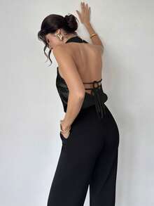 Firerie Damen Lässig und elegant Pendler Gold Satin Halter-Rücken Rollkragen Top/Silvester Look/Sexy Top/Glitzerndes Top/Party Top/Old Money Stil Top/Gold Top - Schwarz - Übersicht 2