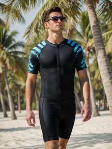 Manfinity Swimmode Men's Beach Vacation Printed Zip-Up One-Piece Swimsuit
