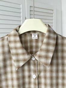 SHEIN 少女休闲日常时尚复古驼色白格子短袖衬衫 - 駝色 - 查看 5