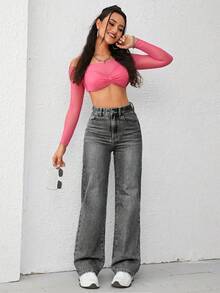 SHEIN EZwear 女士宽松直筒加厚口袋休闲牛仔裤，适合感恩节和圣诞节穿着。 - 灰色 - 查看 3