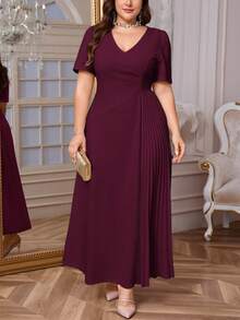 Firerie 大码女式舒适休闲优雅褶皱宽松弹力短袖连衣裙，适合约会、派对、春夏飘逸连衣裙、女士正式礼服 - 紫色 - 查看 9