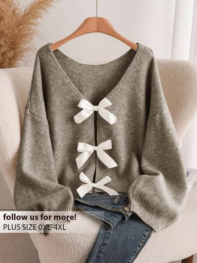 CosyJoli Plus Size Women's Bow Back Knit Sweater, Fashionable & Comfortable Versatile Pullover For Autumn/Winter
