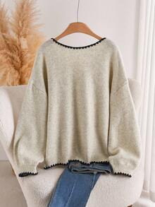 CosyJoli Plus Size V-Neck Contrast Trim Bow Decor Elegant Long Sleeve Cardigan/Winter Fall/Winter - Apricot - View 2