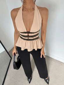 Siren Gaze Áo hai dây kiểu dáng mới mùa hè với đinh tán ở eo dành cho nữ - Màu be - Xem 5