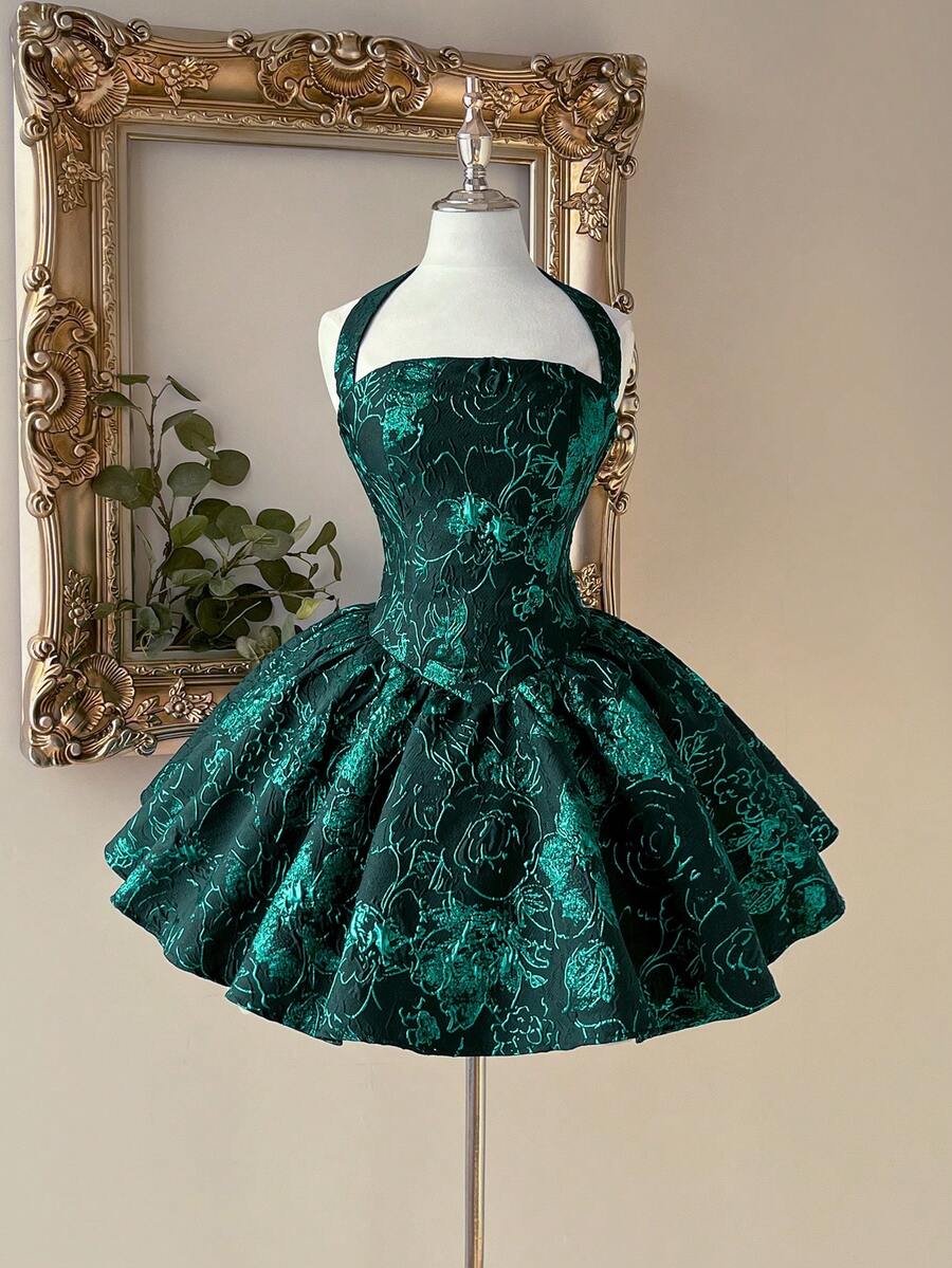 Lovelzi 优雅浪漫的酒红色提花面料露背吊带长袖A字连衣裙，适合毕业典礼、学校开学典礼、音乐节、生日派对、婚礼、下午茶聚会、舞会等场合。 - 墨綠色 - 查看 1