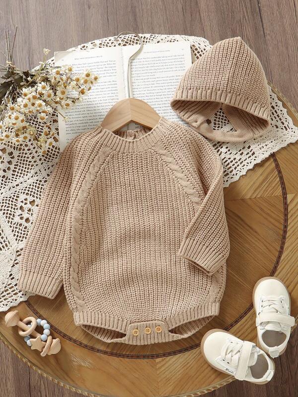 SHEIN Vintaside Kids 2 pezzi/Set Body Neonato Grigio, Body con Cappuccio a Maniche Lunghe, Casual Minimalista