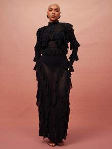 Vixey Falda midi ajustada de cintura alta con detalle de volantes de malla transparente - Negro - Ver 3