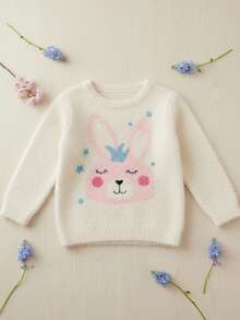 Suéter para niña de manga larga, tejido suave y cálido con adorable diseño de conejo y detalles coloridos. Perfecto para días frescos, fácil de combinar con jeans o faldas. Aporta estilo y comodidad en cualquier ocasión. ¡El favorito de las niñas! - Hueso - Ver 1